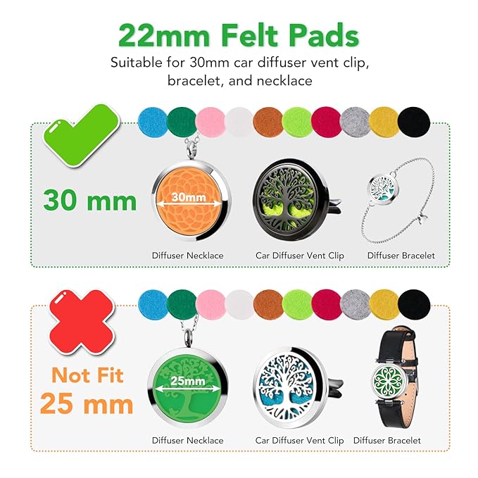 Maromalife 48PCS 22mm Replacement Refill Pads for 30mm Essential Oil Diffuser Necklace, Felt Pads for Aromatherapy Necklace Pendant Diffuser Bracelet Car Diffuser Vent Clip with 12 Colors, 0.87 Inch - Bloomnest