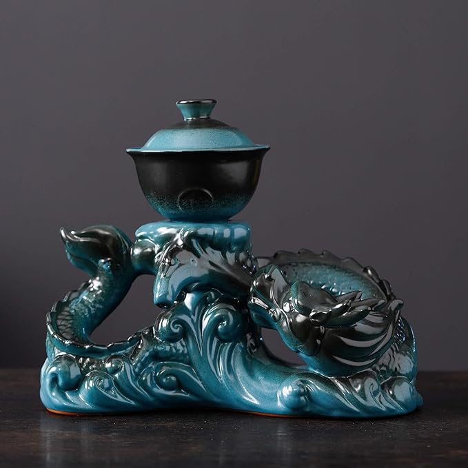 Semi Automatic Tea Set Ceramic Teapot with Infuser Magic Teapot with 8 cups (Light Blue Dragon-D) - Bloomnest