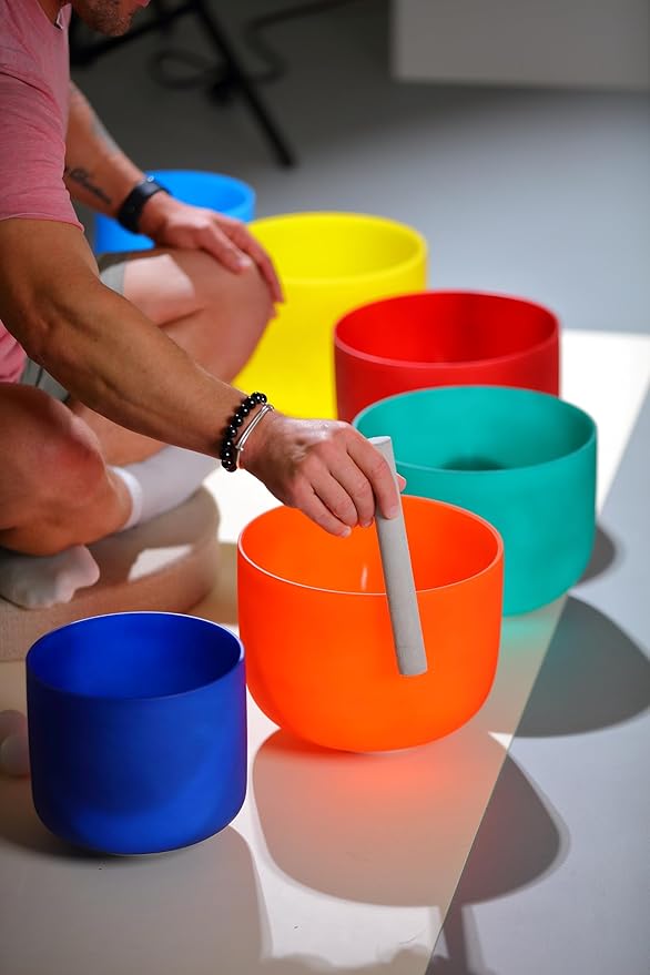 TOPFUND 7-12 inch Chakra Set of 7 Color Crystal Singing Bowls with Heavy Duty Carrying Cases and Mallets