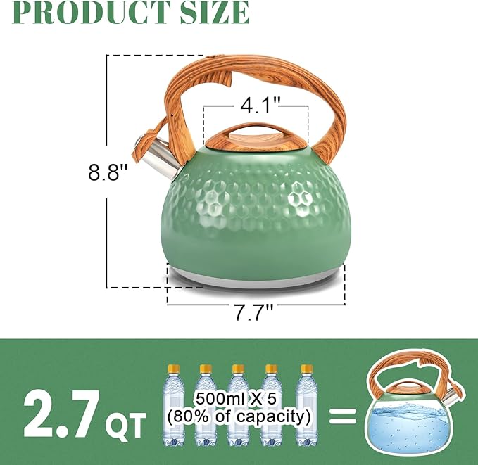 GGC Tea Kettle for Stove Top, Loud Whistling Kettle for Boiling Water Coffee or Milk, 3.1 Quart 3L Heavy Stainless Steel Green Tea Pot with Wood Pattern Handle, Unique Button Control Outlet - Bloomnest