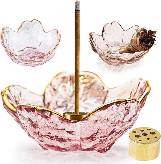 Incense Holder for Sticks and Backflow Incense, Handmade Glass Cherry Blossom Incenses Stick Holder with 9 Incenses Holes Incenses Burner Ash Catcher Ideal for Incense Burning, Home & SPA Decor - Bloomnest
