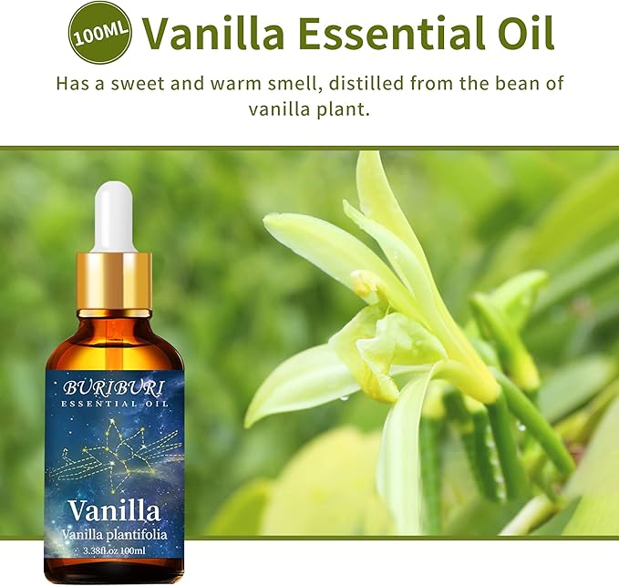 BURIBURI Pure Vanilla Essential Oil and Coconut Oil 100ml Organic Aromatherapy Oils 3.38 fl.oz Coconut Essential Oil for Diffuser Humidifier BURIBURI