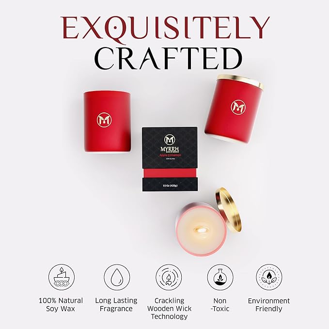 MyrrhUSA Apple Cinnamon Scented Candle – 15 oz Natural Soy Wax with Crackling Wooden Wick & Essential Oil | 80 Hour Burn | Luxury Aromatherapy Candle for Relaxation, Home Décor, Living Room & Bathroom - Bloomnest