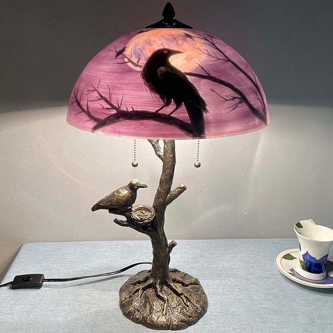 Bieye L13002 Ravens Sitting on Bare Tree Branch Against Full Moon Hand-Painted Glass Table Lamp with Raven Nest Lamp Base for Halloween Home Decor (Reddish Purple, 14" D x 14" W x 22" H)