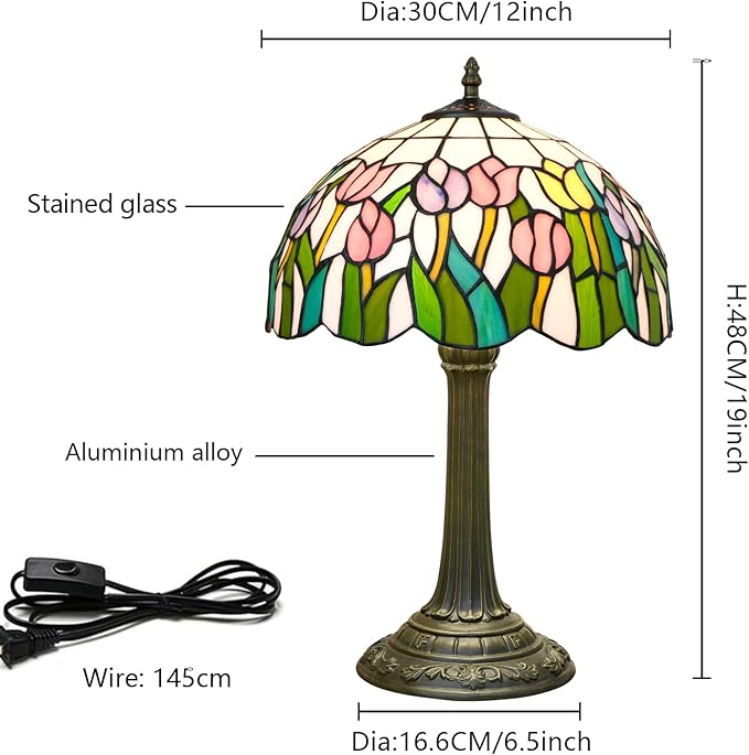 Tiffany Lamp Pink Orange Tulips Style Stained Glass Table Lamp Vintage Bedroom Bedside Light for Home Dorm Office Art Craft Antique Decor Accent Aesthetic Nightstand Reading Light 12x12x19 Inches - Bloomnest