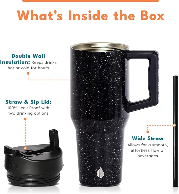 Elemental 32 oz 100% Leak Proof Tumbler with Handle & Straw - Stainless Steel Double Wall Insulated Tumbler for Hot and Cold Beverages - Travel Coffee Mug with Sip & Straw Lid - Black Speckle - Bloomnest