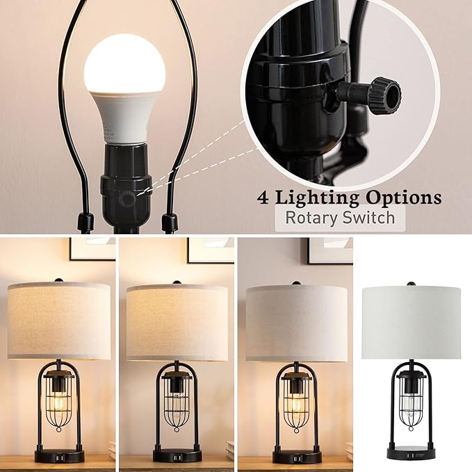 Kyrid 21'' Table Lamps Set of 2 with Night Light and USB Port Industrial Modern Nightstand Lamp Set (Bulbs Included) - Bloomnest