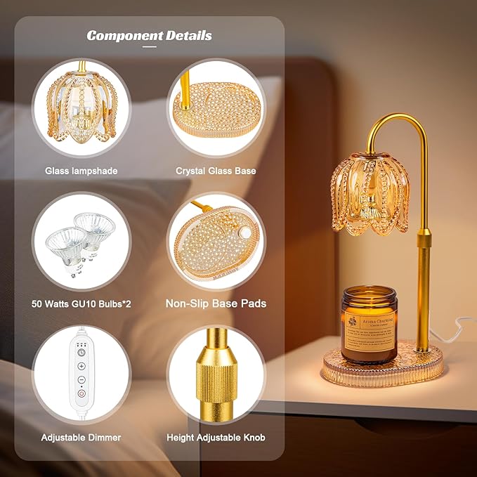 Petal Candle Warmer Lamp with Timer & Dimmable Light Champagne Gold - Adjustable Height Jar Melter on Crystal Glass Base, Home Decor Gift Set (Includes 2 Bulbs) - Bloomnest
