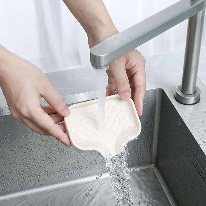 Silicone Bathroom Soap Dishes with Drain Spout-Bathroom and Kitchen Sink Organizer,Sponge Holder,Dish Soap Tray,Perfect for Dispenser,Scrubber,Bottle,Cup on Sink or Counter-Tapioca 4.9"×3.2" - Bloomnest