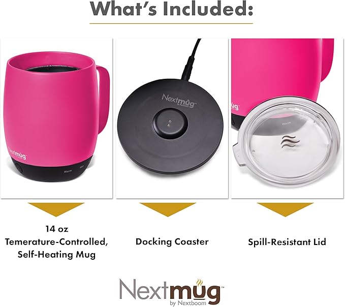 Nextmug - Temperature-Controlled, Self-Heating Coffee Mug (True Pink - 14 oz.) - Bloomnest