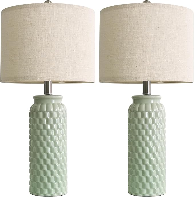 24" Modern Ceramic Green Bedside Lamp Set of 2 Table Lamp for Bedroom Decor Farmhouse Table Lamp for Living Room Office Dorm - Bloomnest