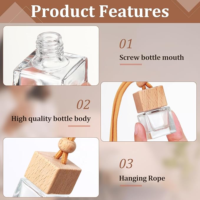 Rtteri 100 Pcs Hanging Car Air Freshener Diffuser Bottles Empty Glass Perfume Diffuser Vials Refillable Oil Aromatherapy Pendant with Wooden Caps and Hanging String for Car Home Office Decor(Square) - Bloomnest
