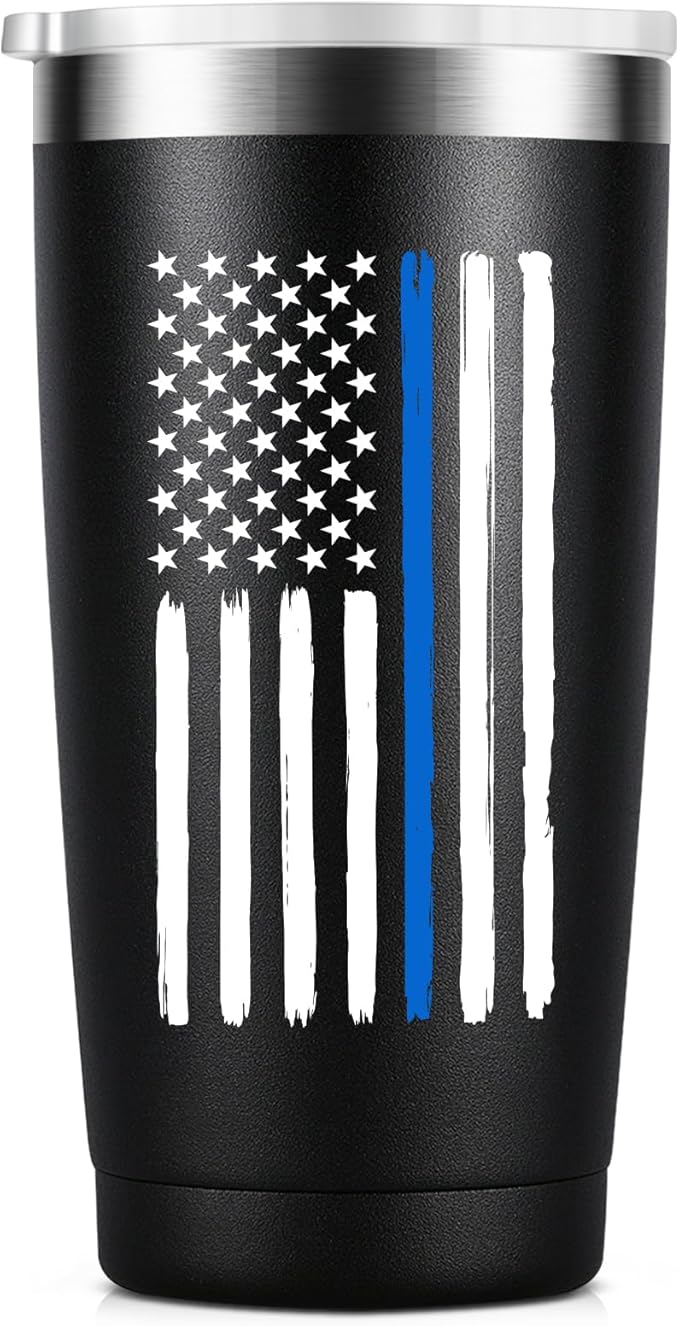 Thin Blue Line Police Officer Gifts - Cops Officer Valentine's Day Gift Coffee Cup - 20oz Stainless Steel Double Wall Insulated Tumbler, Black - Bloomnest