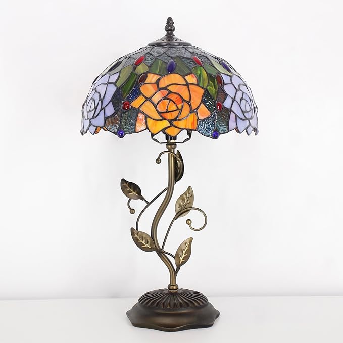 Tiffany Lamp Orange Red Rose Flower Stained Glass Table Lamp Desk Bedside Reading Light 12X12X19 Inches with Metal Leaf Base Decor Bedroom Living Room - Bloomnest