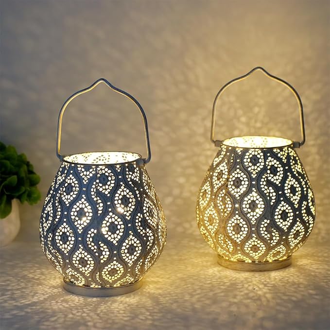 TRIROCKS Set of 2 Moroccan Decorative Lamps 8'' High Battery Powered Cordless Lamp Metal Table Lamps with Fairy Lights Bulb for Home Living Room Garden Yard Party Events Tabletop Indoor Outdoor(White) - Bloomnest