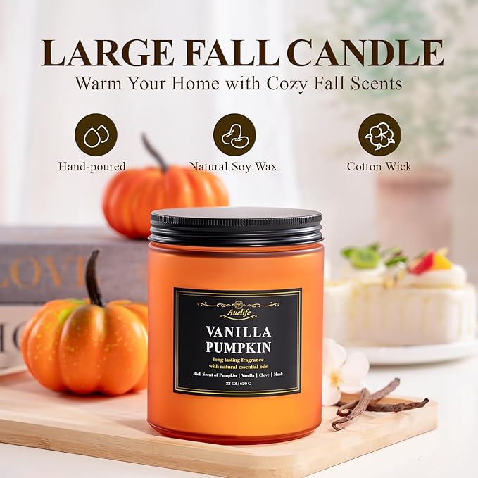 Auelife Fall Candle, Vanilla Pumpkin Scented Candles – 22oz Large 3-Wick Soy Candle, Long Lasting Autumn Aromatherapy Candles for Home Décor, Thanksgiving & Holiday Gift for Women & Men - Bloomnest