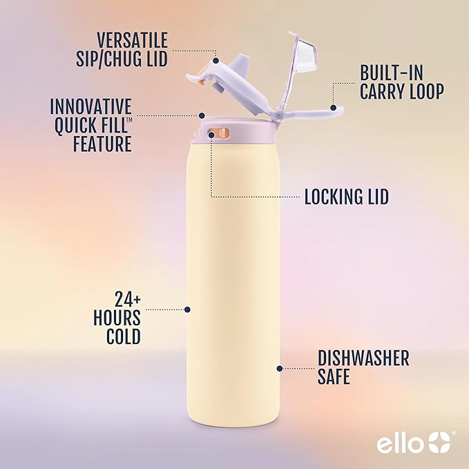 Ello Pop & Fill Insulated Stainless Steel Water Bottle with Quick Fill Lid, Leakproof Locking, Sip or Chug Spout, BPA-Free, Double Wall Vacuum Insulated for Sports, Travel & School- 22oz / 32oz / 40oz Ello