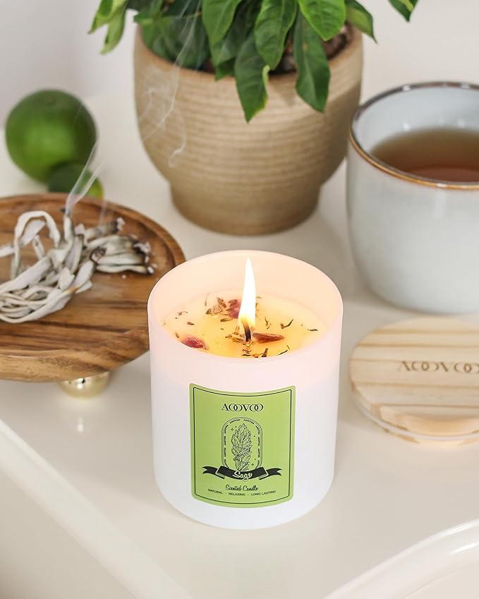 AOOVOO Sage Scented Candles for Women - Aromatherapy Candle with Crystals Inside, 10oz Soy Candles for Home Scented, Birthday Gifts Christmas Candle for Women Mom - Bloomnest
