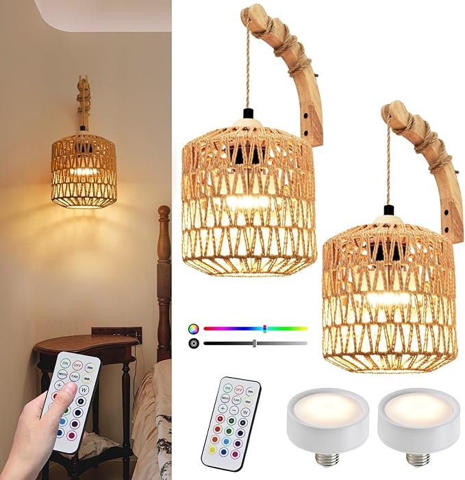 Battery Operated Wall Sconce Set of Two, Rechargeable Rattan Wall Sconces with Remote RGB 15 Colors Dimmable, Farmhouse Boho Wall Lights for Bedroom Living Room Entryway - Bloomnest