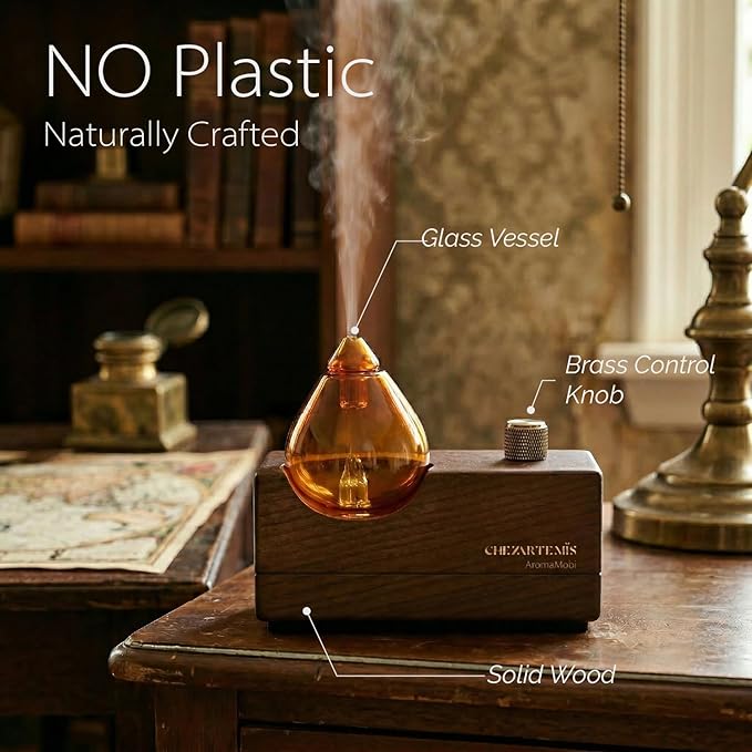 Amber Premium Glass Essential Oil Diffuser with Handmade Wood Base for Aromatherapy, Retro Waterless Scent Diffuser with Cool Mist, Rechargeable & Wireless Oil Nebulizer with LED & Timer, 2026 Model CHEZARTEMIS