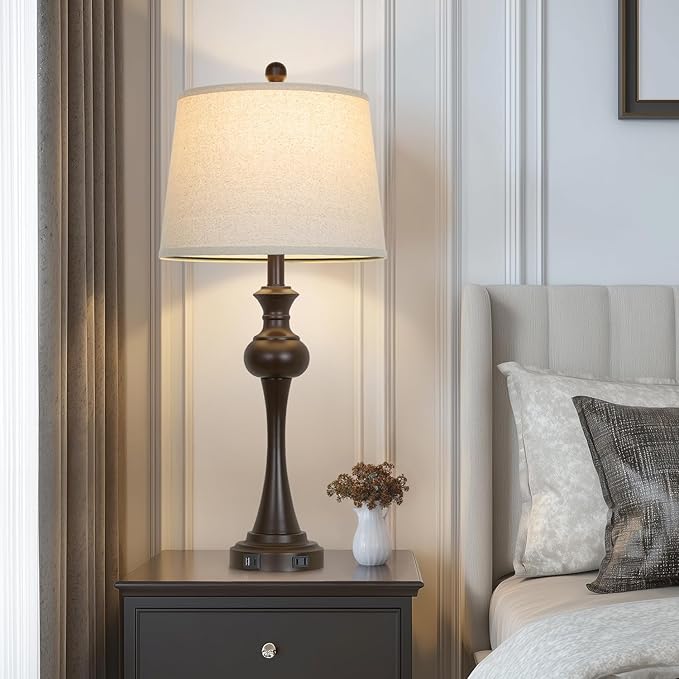 Touch Table Lamps Set of 2, 28.75" Tall Bedside Lamps with USB C+A Ports, 3-Way Dimmable Table Lamp, Nightstand lamps for Bedroom, Living Room, Office, Brown Lamps with Beige Lampshade, Bulbs Included - Bloomnest