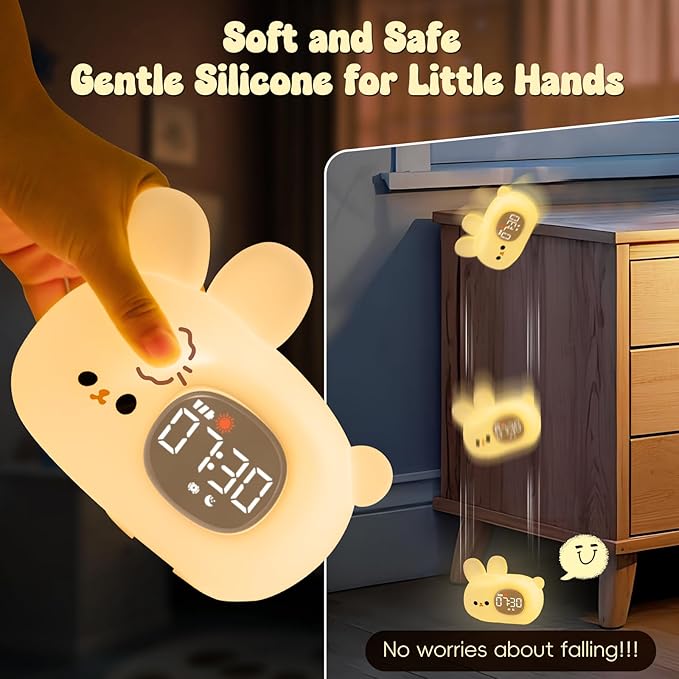 Bunny Alarm Clock with Night Light for Kids with Sleep Training and Sound Machine, Rechargeable Silicone Lamp OK to Wake Clock，Cute Animal Tabletop Lamp, Perfect Sleep Companion for Boys Girls - Bloomnest