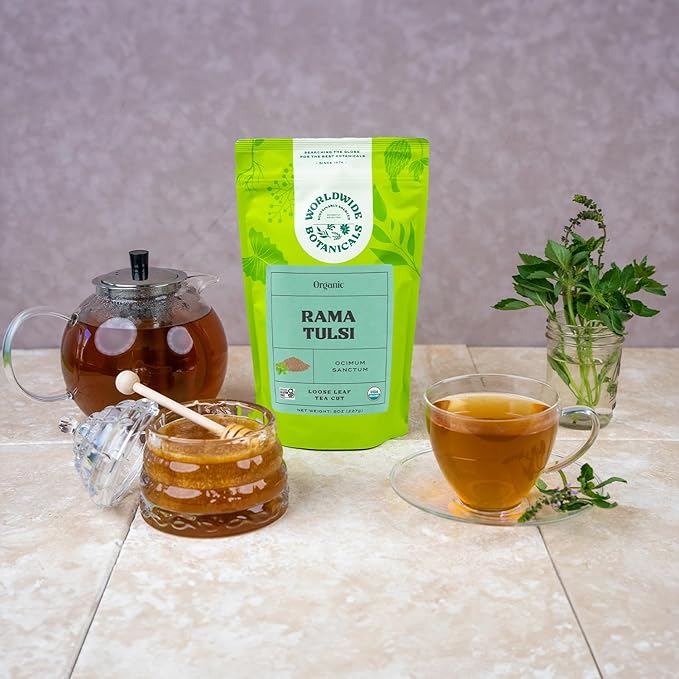 Worldwide Botanicals Organic Holy Basil Tea, 8oz - Tulsi Rama - Loose Leaf Premium Herbal Tea, 100% Pure Tulsi Holy Basil, Fair Trade, Adaptogenic, Kosher - Bloomnest