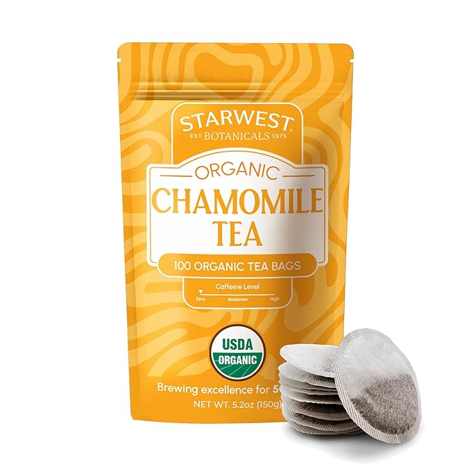 Starwest Botanicals Organic Chamomile Tea - Caffeine Free Herbal Tea, Supports Sleep & Relaxation, String Free Sachets, USDA Organic Chamomile, Non GMO - Bulk Pack, 100 Tea Bags - Bloomnest