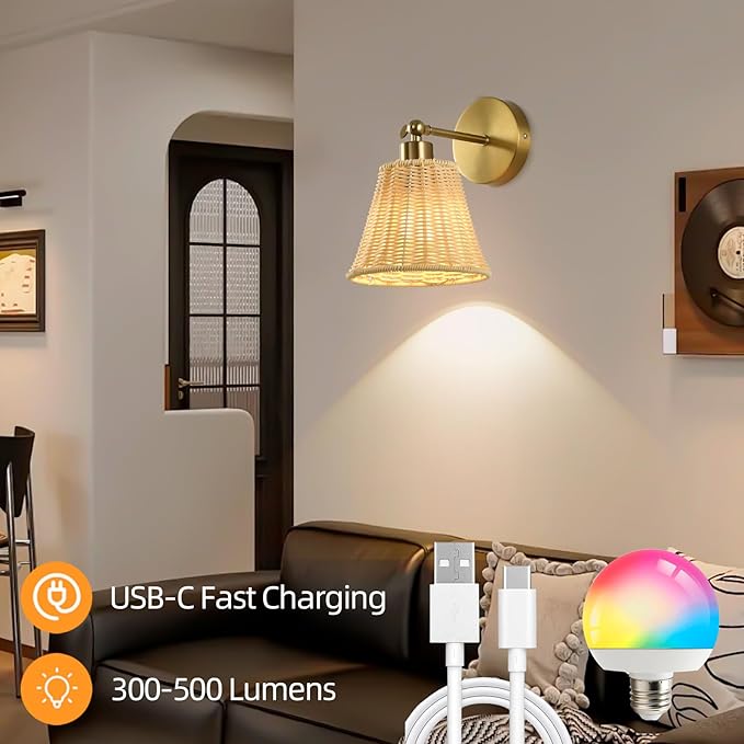 Battery Operated Wall Sconce Set of Two, Rechargeable Bamboo Wall Sconces with Remote RGB 15 Colors Dimmable, Farmhouse Boho Wall Lights for Bedroom Living Room Entryway - Bloomnest