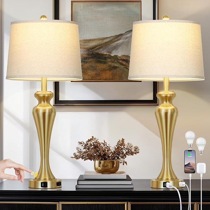 30" Gold Tall Table Lamps for Living Room, Touch Control Bedroom Lamp with USB A+C Ports and AC Outlet, 3-Way Dimmable Bedside Table Lamps Set of 2, Modern Metal Lamp for Nightstand - Bloomnest