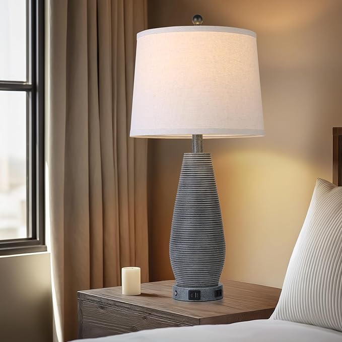 Farmhouse Table Lamps Set of 2 with USB C+A Ports and AC Outlet, 3 Way Touch Rustic Bedside Lamps for Living Room, 26.5" Grey Vintage Lamps for Bedroom Nightstand - Bloomnest