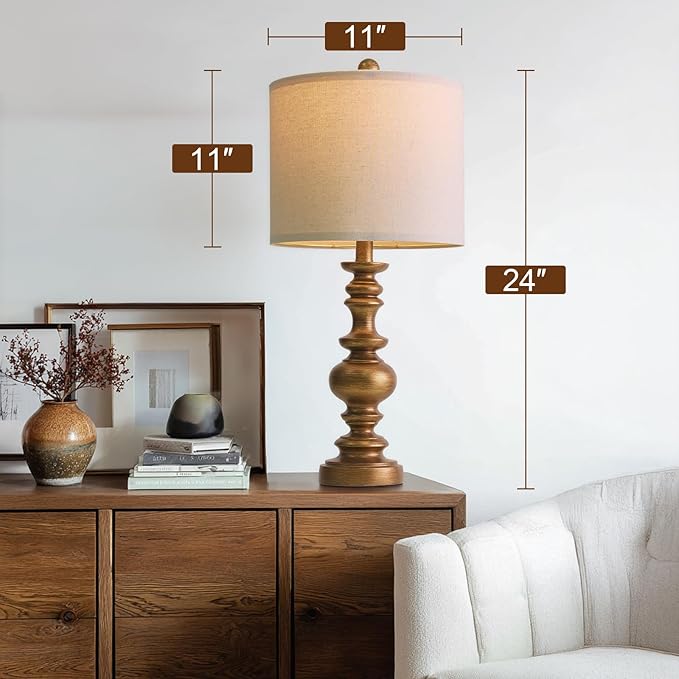 BOBOMOMO 24" Traditional Lamps Set of 2 – Antique Gold Bedside Lamps with Linen Shades, Elegant Medium Farmhouse Lamps for Living Room, Bedroom, and Hallway, Ideal for Warm, Cozy Spaces - Bloomnest