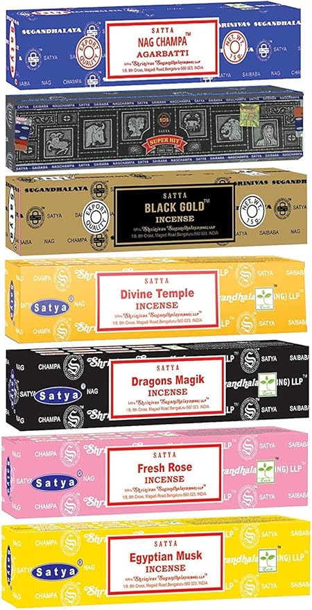 Satya Incense Sticks Gift Set, 7 Scents, Nag Champa, Super Hit, Dragon's Blood, Sandalwood, Patchouli, Lavender, Positive Vibes, 15g Each (Healing Mix) Satya