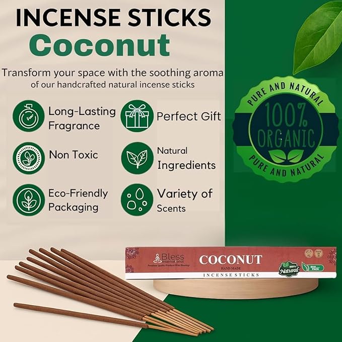 Bless-Coconut 100%-Natural-Handmade-Hand-Dipped-Incense-Sticks Organic-Chemicals-Charcoal-Free Purification-Relaxation-Positivity-Yoga-Meditation Best-Woods-Scent (25 Sticks (1.4 OZ)) BlessInternational