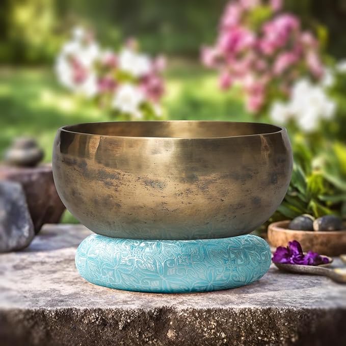 Singing Bowl Cushion for Tibetan Singing Bowls, Handmade Silk Brocade Round Cushion Pillow for Sound Healing and Crystal Sound Bowls Accessories(6.7 Inch,CyanBlue) - Bloomnest