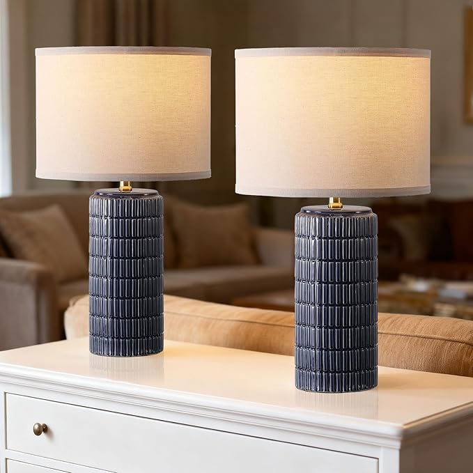 Modern Ceramic Table Lamp Set of 2, Bedside Lamp for Bedroom Decor, Nightstand Lamp with 3 Color Temperatures, Desk Light for Living Room Dorm Office, Blue - Bloomnest