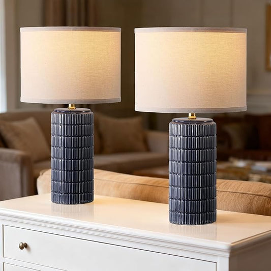 Modern Ceramic Table Lamp Set of 2, Bedside Lamp for Bedroom Decor, Nightstand Lamp with 3 Color Temperatures, Desk Light for Living Room Dorm Office, Blue - Bloomnest