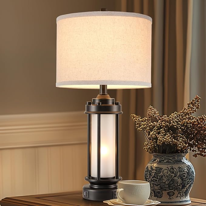 Set of 2 Modern Table Lamps for Living Room Bedroom, 25'' Black Retro Industrial Metal Lamp with Glass Nightlight, Contemporary Desk Lamp for Bedside End Table Office, 4 Bulbs Included - Bloomnest