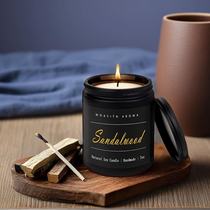 MOASITN Sandalwood Scented Candles for Home| Leather,Sandalwood,Amber Scented Soy Candle| Handmade Longlasting Aromatherapy Candle| Jar Candel Gift for Women,Men for Spring,Birthday,Relaxing|7oz - Bloomnest