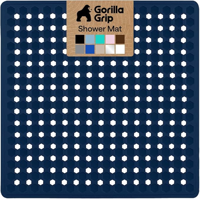 GORILLA GRIP Patented Square Shower Stall Mat, Small Bathtub Floor Mats for Stand Up Showers, Suction Cups and Drainage Holes, Machine Wash, Soft on Feet, Bathroom Accessories 21x21 Inch, Navy Opaque - Bloomnest