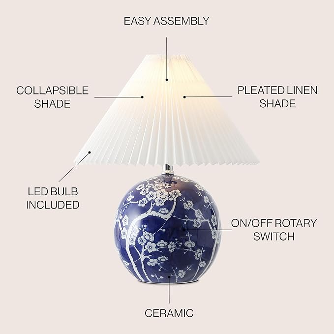 JONATHAN Y JYL5056C Shishen 19.5" Cottage Classic Chinoiserie Ceramic Orb LED Table Lamp with Pleated Shade, Navy/White for Bedroom, Living Room, Kitchen, Home Office, Kids Room - Bloomnest