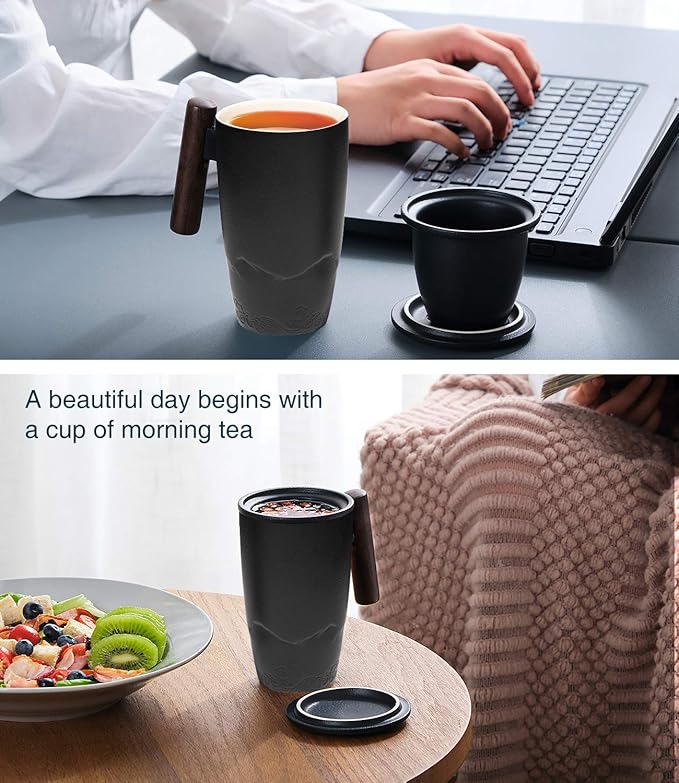 suyika Tomotime Ceramic Tea Cup with Infuser and Lid Tea Mugs Wooden Handle 400ml/13.5oz Black