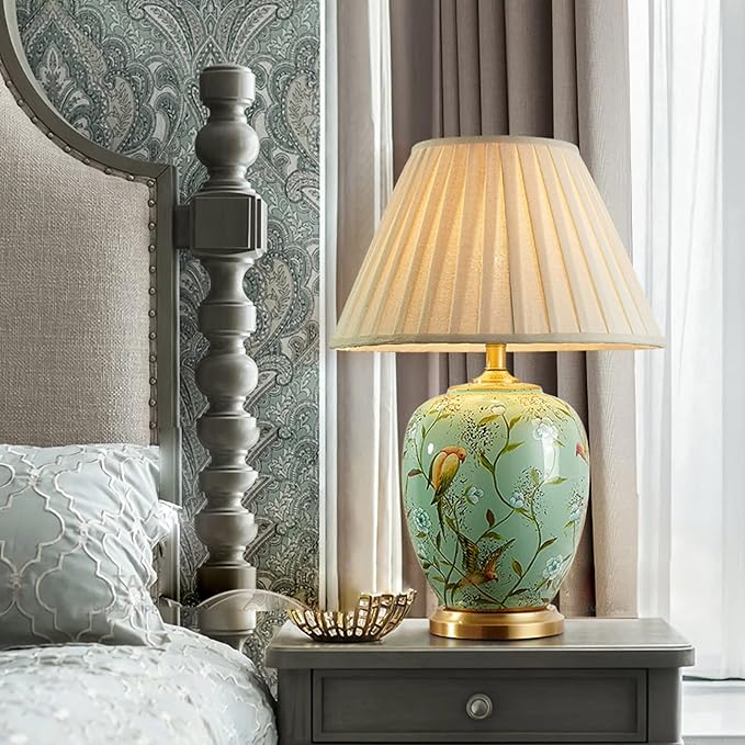 Green Flower and Bird Ceramics Table Lamp 25.5" Chinoiserie Lamp American Handmade Beige Linen Drum Shade Decor for Living Room Bedroom House Bedside Home - Bloomnest