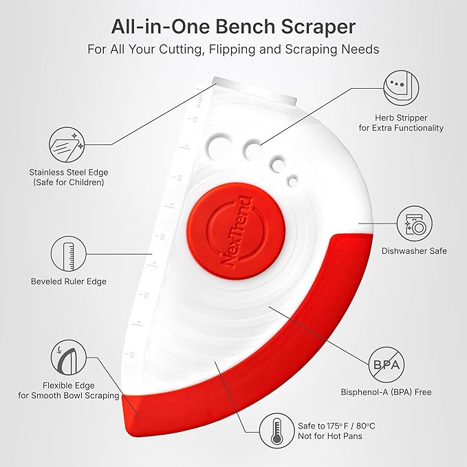 Nextrend BakerScraper – 5-in-1 Flexible Bowl Scraper, Bench Scraper and Dough Scraper with Stainless Steel Edge, Ruler & Herb Stripper – BPA Free, Dishwasher Safe - Red - Bloomnest