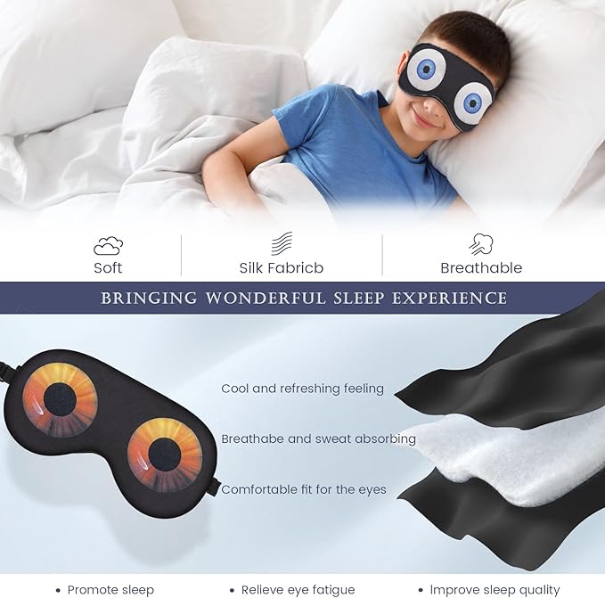 2 Pcs Sleep Mask for Kids Boys, Silk Eye Covers for Sleeping, Adjustable Strap & Light Blocking Design, Adult Children's Bedtime Blindfold for Travel and Home Use (Funny Eye) - Bloomnest