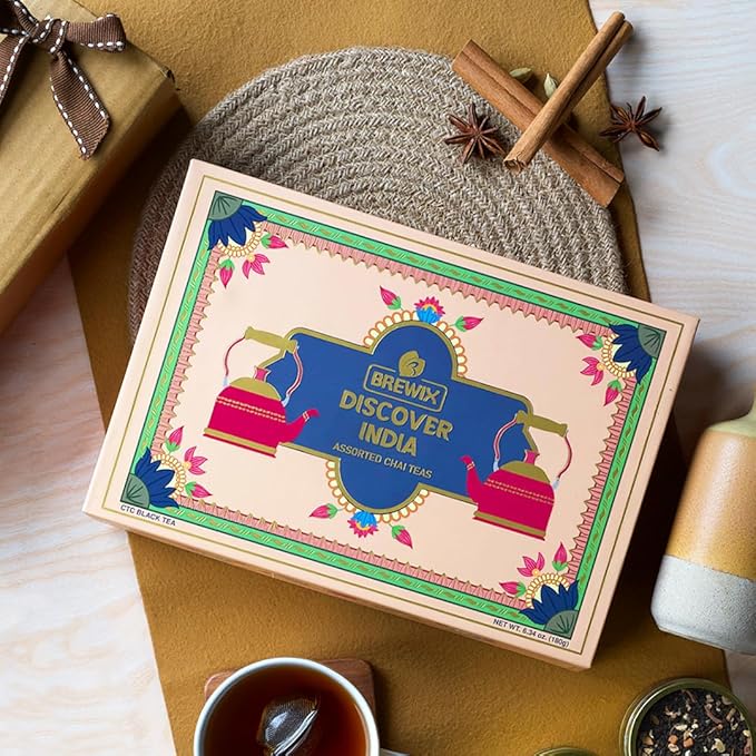 BREWIX, Discover India Premium Black Tea Christmas Gift Box (6.34oz/90+ Cups) | Tea Gift Sets For Tea Lover | 6 Unique Chai Teas | Best for Birthdays, Anniversaries & Holidays - Bloomnest