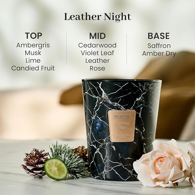 M&SENSE LeatherNight Scented Candles for Home, 3-Wick Highly Scented Jar Candles, Extra Large Candle 35 Oz 150 Hours Long Lasting Burning, Relaxing Aromatherapy Candle for Stress Relief, Meditation - Bloomnest