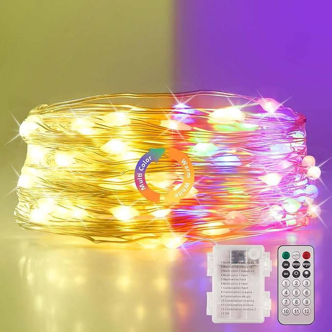 4 Packs Warm White & Multi-Color Battery Operated String Lights, 5M/16.4ft. 50 LEDs Remote Control Timer 12 Modes Optional Twinkle Battery Powered Fairy Lights Sliver Wire Firefly Lights - Bloomnest