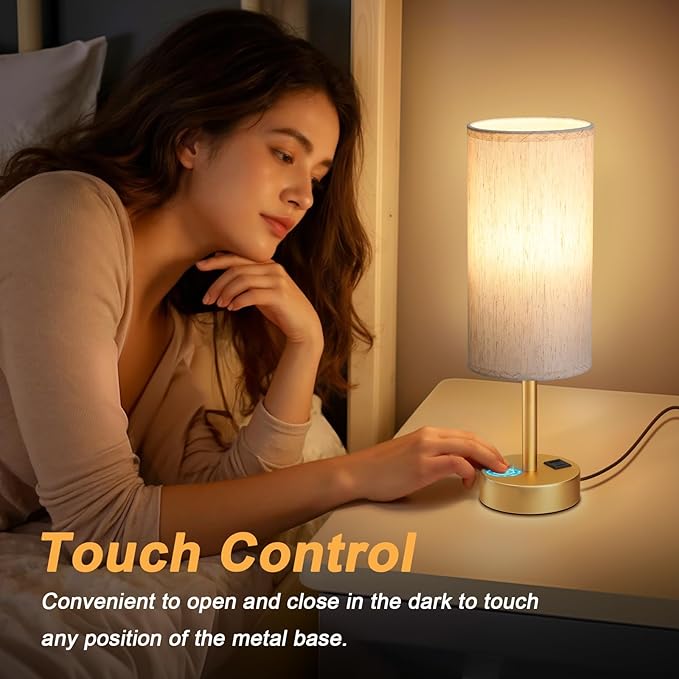 Dicoool Elegant Gold Touch Table Lamp, Modern Wedding Gift for Couples, Bedside Lamps with USB-C USB-A Charging Ports, 3 Way Dimmable Small Lamp for Office, Bathroom, Living Room，Christmas Gift - Bloomnest