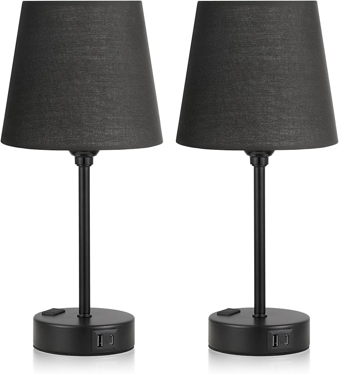 Acaxin Black Lamp for bedrooms Set of 2 - Nightstand Bedroom Lamp with USB C Port and AC Outlet Charging, 3 Way Dimmable Touch Control Bed Side Table Lamp, Small Night Stand Light for Men/Kids - Bloomnest
